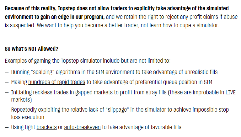 in this screenshot, TopStep describes their rules regarding simulation trading