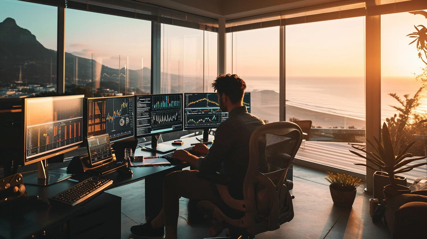 A day trader sitting at his trading desk with monitors in front of him showing charts, with floor to ceiling windows behind his desk looking out on a distant mountain and the beach.