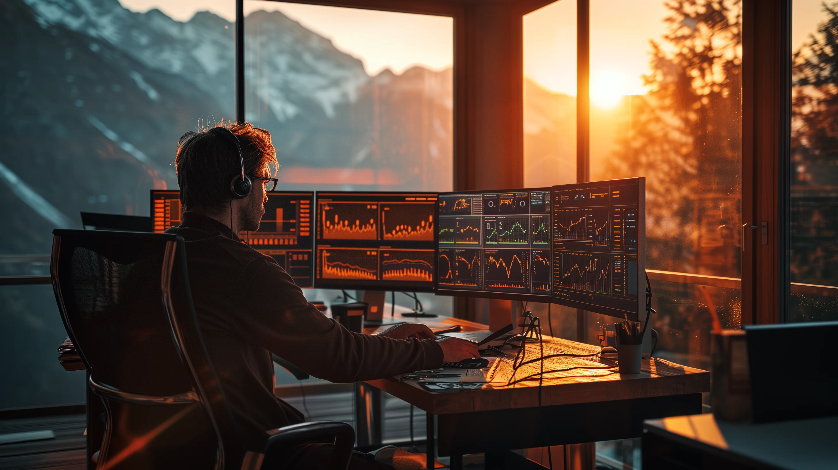 day trader trading at home with a mountain view behind floor-to-ceiling windows behind his desk