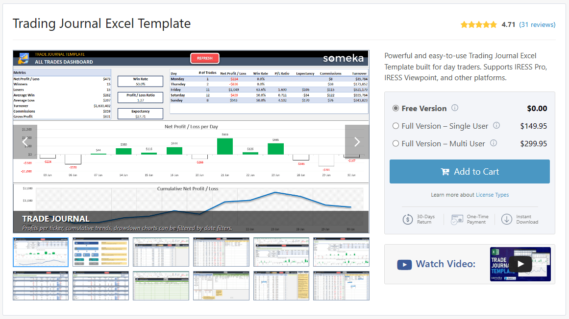 screenshot of Someka stock trading journal excel template