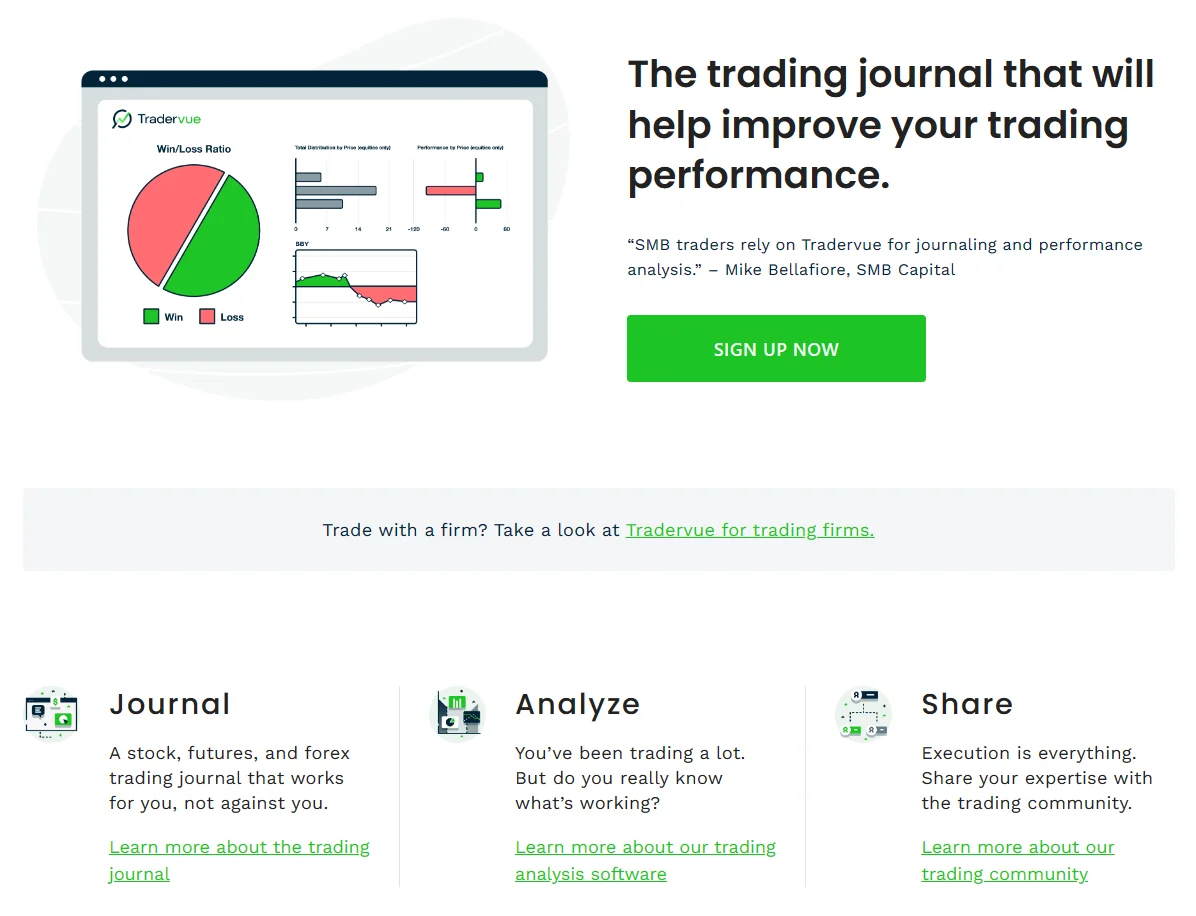 screenshot of Tradervue trading journal web site home page