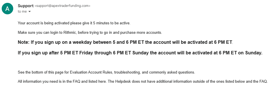 apex-trader-funding-review-onboarding-1 screenshot of onboarding email from Apex Trader Funding