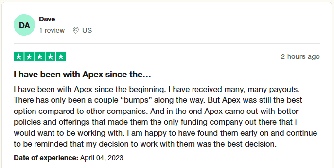 apex-trader-funding-review-2 apex trader funding review from trustpilot. The text reads: I have been with Apex since the beginning. I have received many, many payouts. There has only been a couple