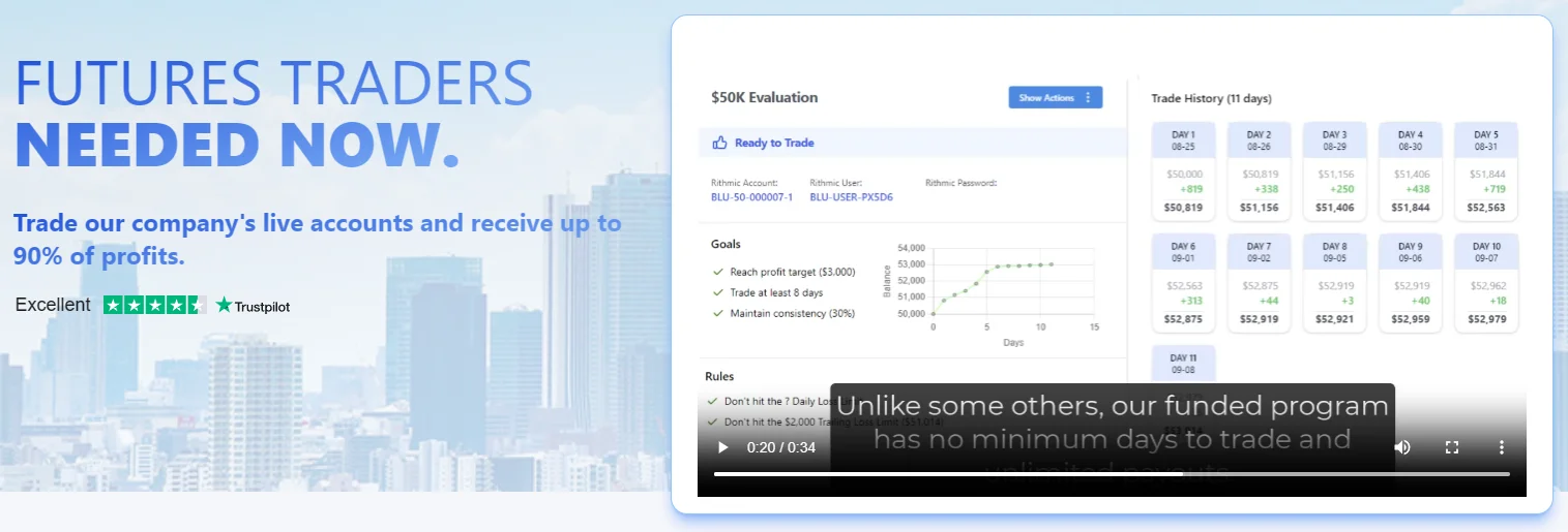 screenshot of blusky trading web site