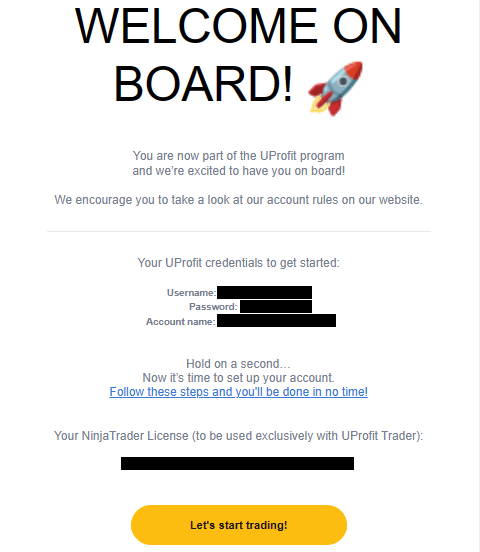 screenshot of uprofit onboarding email