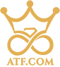 apex trader funding logo - logo is a gold crown above round eyes and "atf.com"