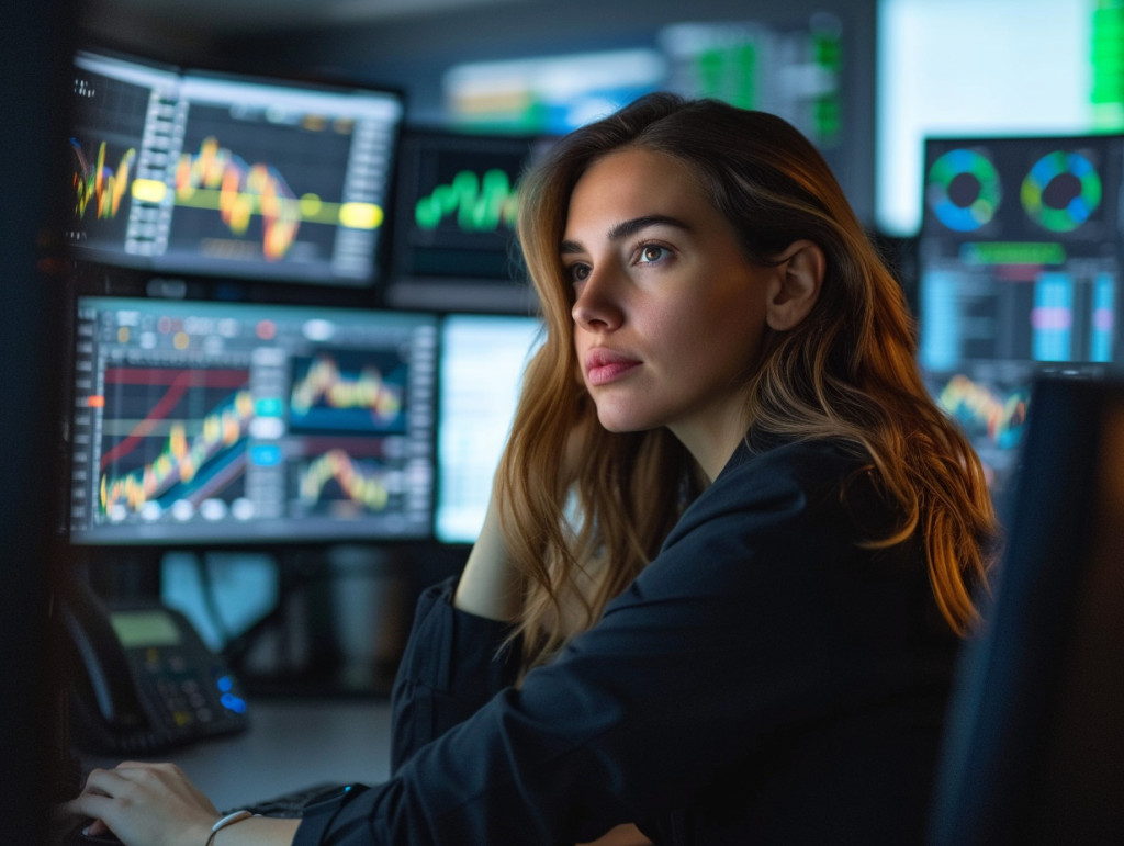 a female trader working for a futures prop firm, photo from the side, showing her arms on the desk, and her face looking at monitors, with computer monitors in the background displaying futures charts