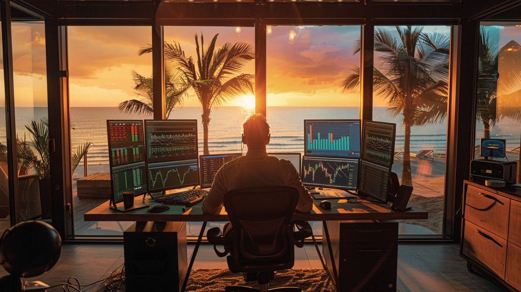 photo of a trader working with a futures prop firm from home. Shows him sitting at a desk with a computer with six monitors, with picture windows behind the monitors revealing a beautiful beach with the sun coming up on the horizon of the water.