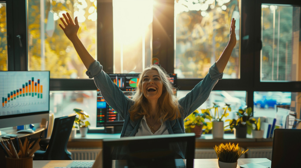 motherly woman at a trading desk working for a futures prop firm. Facing the camera with arms raised in joy, computer monitors behind her with sun shining in the windows behind the desk.