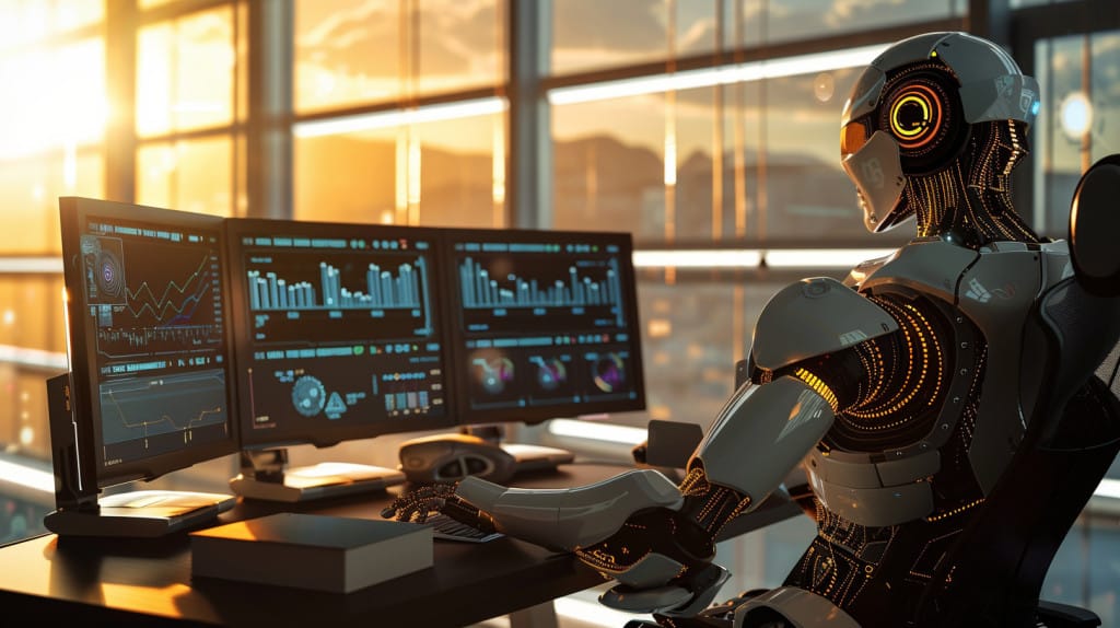 robot sitting at a computer, trading, with a city skyline view out the window behind monitors with stock charts on them
