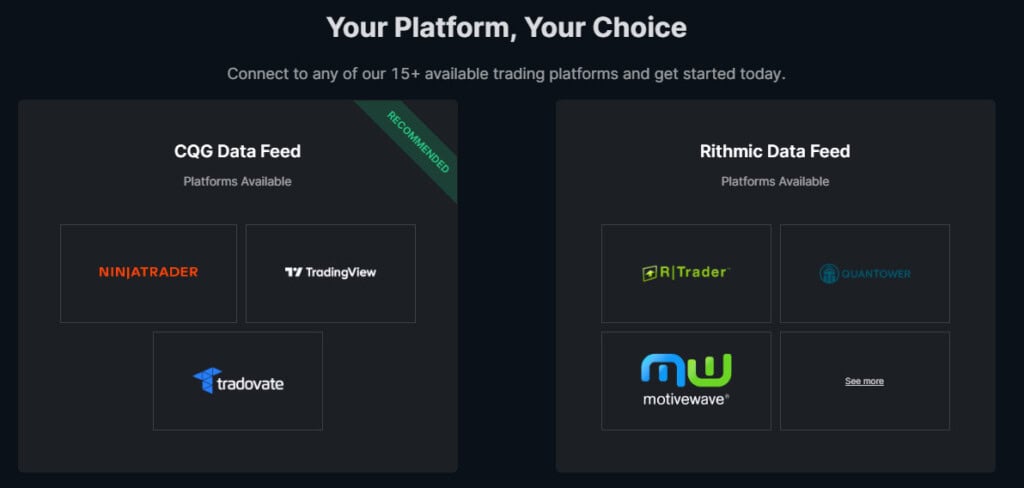 takeprofit-trader-review-platforms takeprofit trader review platforms screenshot from tpt web site. Shows that CQG data feed is available with NinjaTrader, Tradingview, and Tradovate being the main options, and Rithmic Data Feed is available, with RTrader, Quantower, Motivewave being the main platforms. It also states that more than 15 platforms are available.