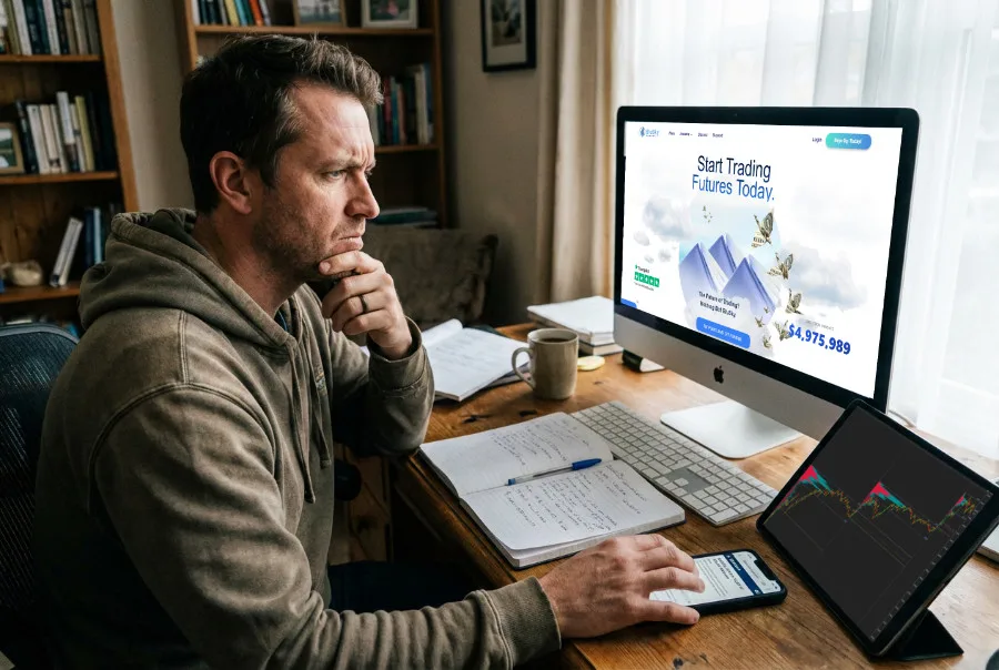 blusky trading open on computer monitor in front of man using a phone and tablet to trade