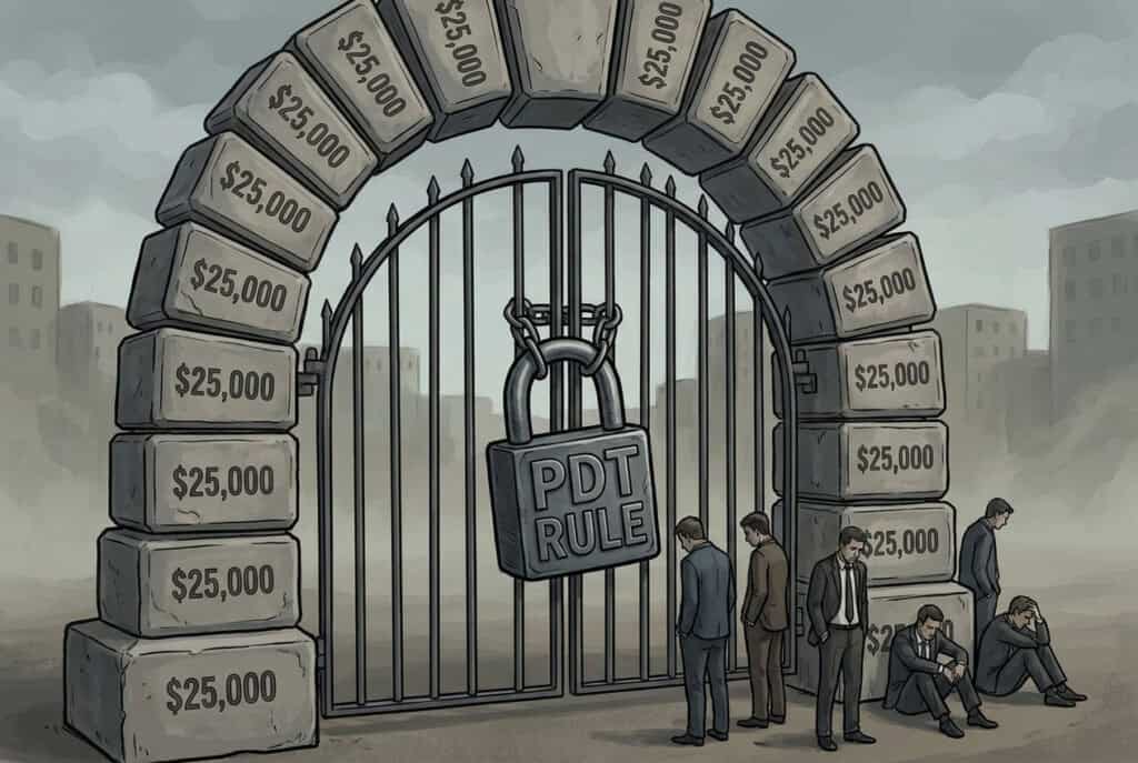a-25-year-old-rule-built-for-a-different-world_2 a gate made of bricks with "$25,000" stamped into them and a padlock labeled "PDT Rule". Sad traders sit stuck outside