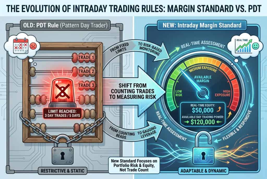 what-replaces-the-pdt-rule-_3 A visual comparison of the old PDT rule to the new intraday margin rule, using an abacus as imagery for the old PDT rule and a high-tech safe as imagery for the new rule